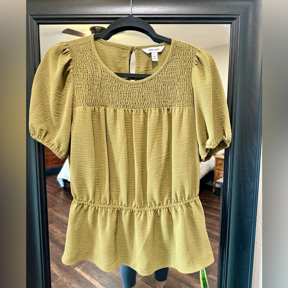 Nine West Olive Green Smocked Blouse